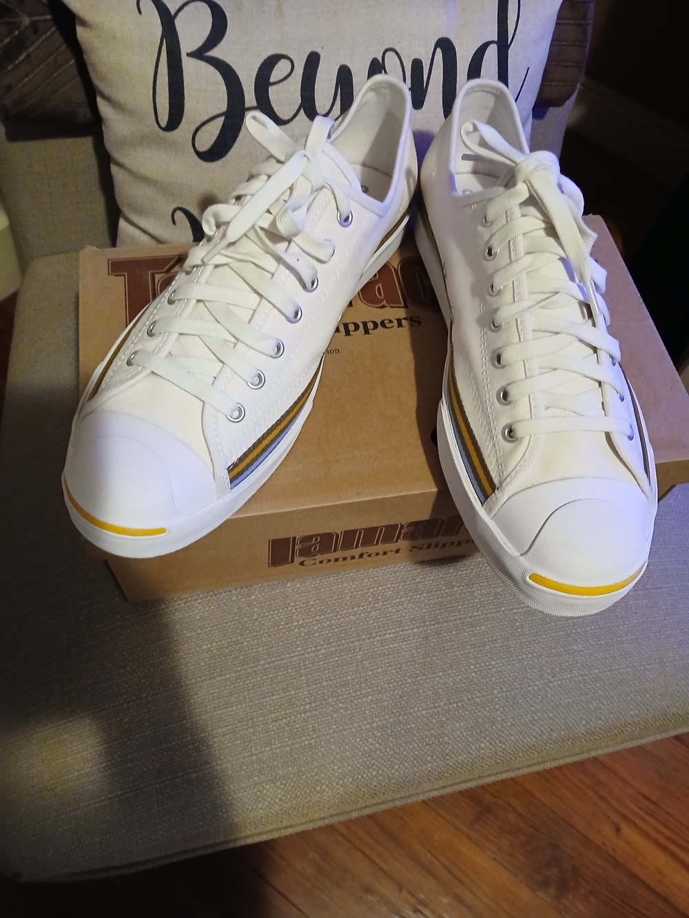 Converse White Low-Top Canvas Sneakers with Yellow Stripe